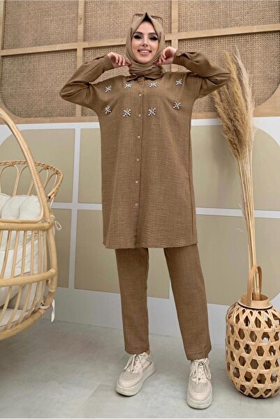 TRENDTESETTÜR Women's Brown Stone-Detail Buttoned Double Pants Suit t 4048