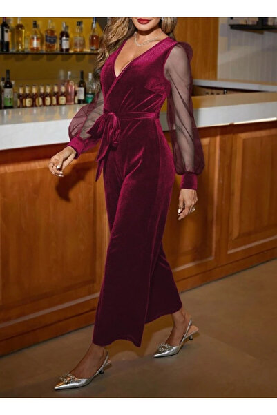 BALCI Mdb Women's Long Sleeve Double-Breasted Collar Waist Belted Velvet Jumpsuit with Tulle Detail