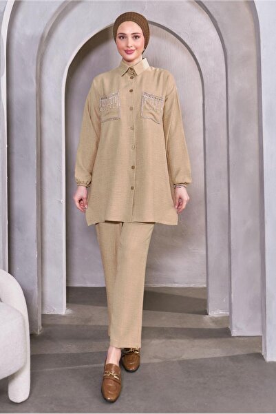 TRENDTESETTÜR ЖІНОЧИЙ БЕЖЕВИЙ БРЮЧНИЙ КОСТЮМ З КАМЕНЕМ T 8683