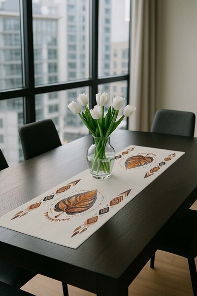 Sakallı Ethnic Bohemian Leaf Patterned Beige Brown Digital Printed Runner Tablecloth