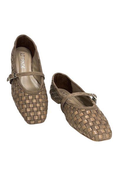 livendi Lisbon Women's Beige Square Toe Knitted Look Buckle Mary Jane Ballet Flat Shoes
