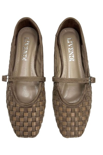 livendi Lisbon Women's Beige Square Toe Knitted Look Buckle Mary Jane Ballet Flat Shoes