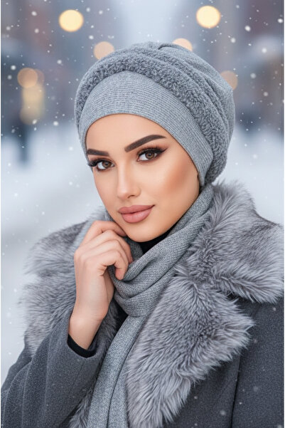 Aişe tesettür Gray Fur Detailed Scarf Bonnet