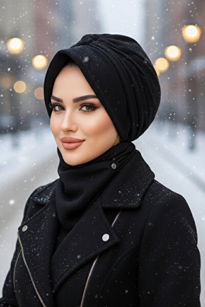 Aişe tesettür Siyah Kaşe Şapkalı Bone Ve Etol Takım