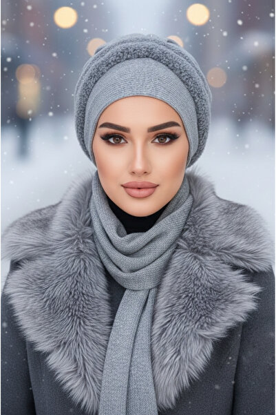 Aişe tesettür Gray Fur Detailed Scarf Bonnet