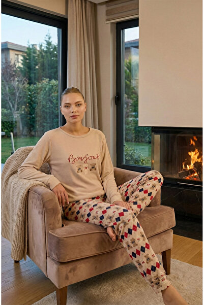 Bravie Luxury Thermal Bonjour Dog Patterned Women's Fleece Winter Pajama Set – 42042