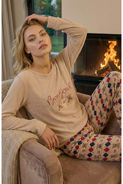 Bravie Luxury Thermal Bonjour Dog Patterned Women's Fleece Winter Pajama Set – 42042