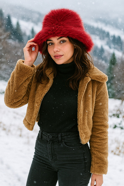 Luminos Butik Plush Adjustable Burgundy Bucket Kalpak Hat-Beret Spk1142
