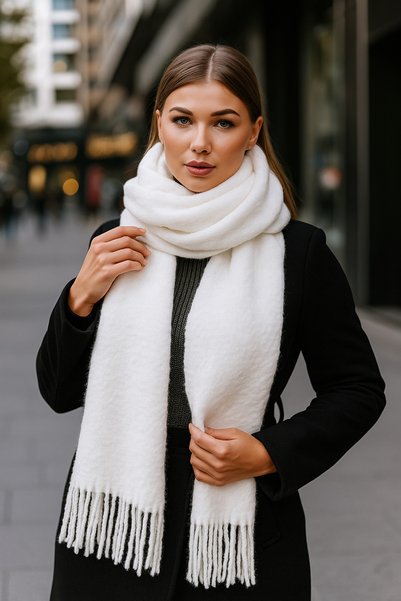 Luminos Butik Yumuşak Dokulu Beyaz Püsküllü Kalın Şal - Sıcak Tutan Çok Amaçlı Aksesuar, Günlük Ve Özel ! Sal1257