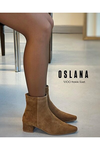 Zuum Oslana % 100 Hakiki Süet Topuklu Kadın Bot - Taba Süet