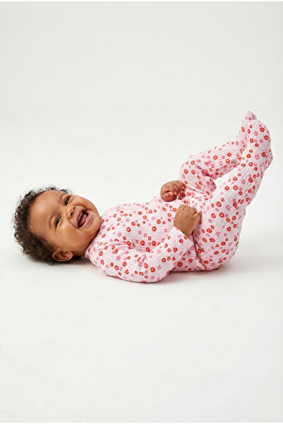 Noone Açık Pembe Daisy Desenli Bebek Tulum - Uzun Kollu Ayaklı Yumuşak Penye ...