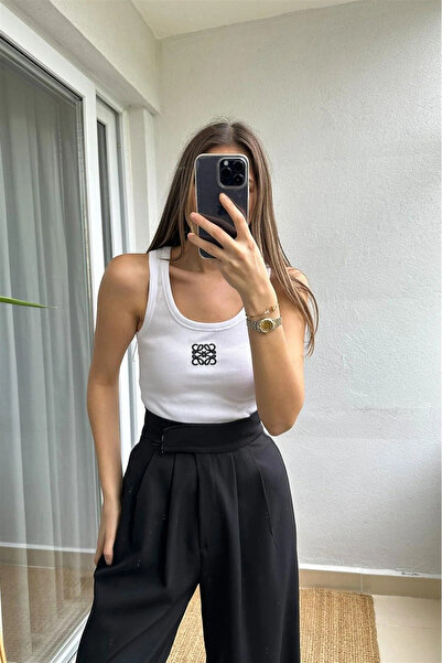 My Blog White-Black Square Embroidered Tank Top