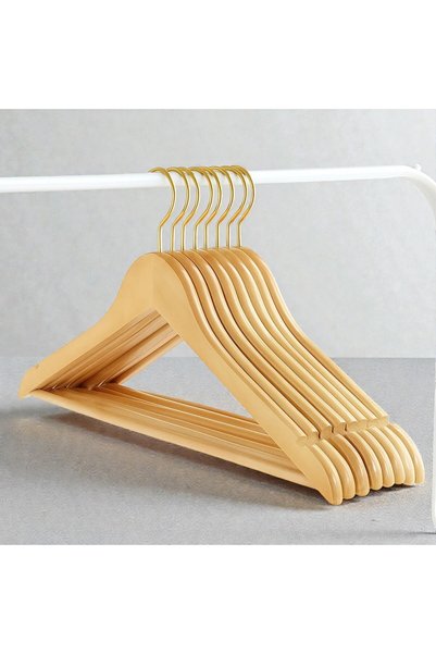 Faravis Atelier Natural Wooden Clothes Hanger Varnished Shirt Clothes Hanger Pants Rod Gold Hook 10 Pieces