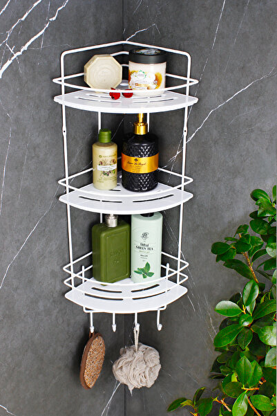 HIMYHOME رف شامبو ثلاثي الأسلاك أبيض اللون مع حامل من الفولاذ المقاوم للصدأ ورف كريستالي، رف حمام لاصق للزاوية