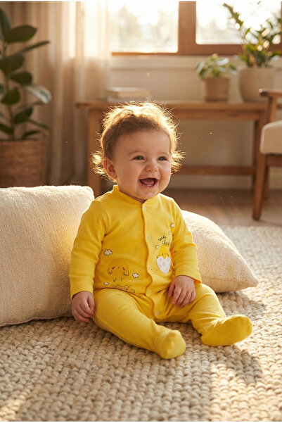 Noone Limon Sarı Civciv Desenli Bebek Tulum - Uzun Kollu Ayaklı Yumuşak Penye...