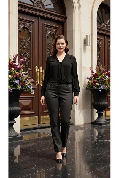 Nidya Moda Kadın Antrasit Gri Çift Filoto Kumaş Pantolon