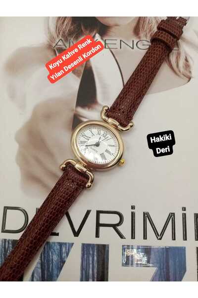 Brality Vintage Watch Minimal Gold Case Genuine Leather Dark Brown Snake Patt...