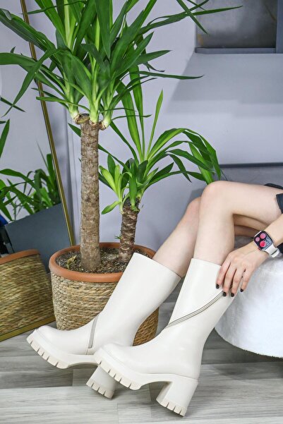 asmi shoes Γυναικείες μπότες Liva Cream Skin με φερμουάρ