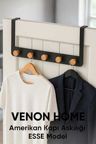 VENON ESSE BLACK 35 cm Umeraș american pentru ușă, corp metalic, cu cap din lemn, umeraș decorativ pentru haine