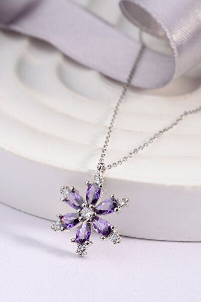 Innuendo Jewelry Mor Zirkon Taşlı Lotus Çiçeği 925 Ayar Gümüş Kadın Kolye