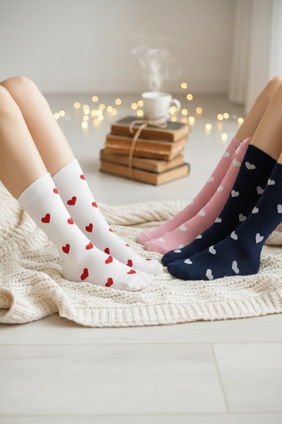 Panowill Design مجموعة جوارب طويلة ناعمة بنمط قلب للنساء - 3 أزواج