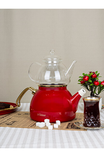 SAVAŞAN Emaye Cam Demlikli Çaydanlık Seti