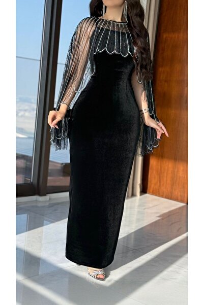 Opera Fashion Black velvet evening dress with a crystal-embellished chiffon c...