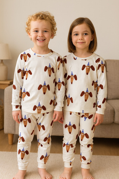 mışıl mışıl kids طقم بيجامة من قماش الإنترلوك بنمط الكلب الأبيض