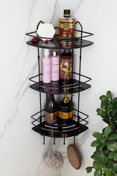 HIMYHOME Paslanmaz Lif Askılıklı Kristal Raflı Ekonomik Üçlü Siyah Şampuanlık Banyo Köşeliği Rafı