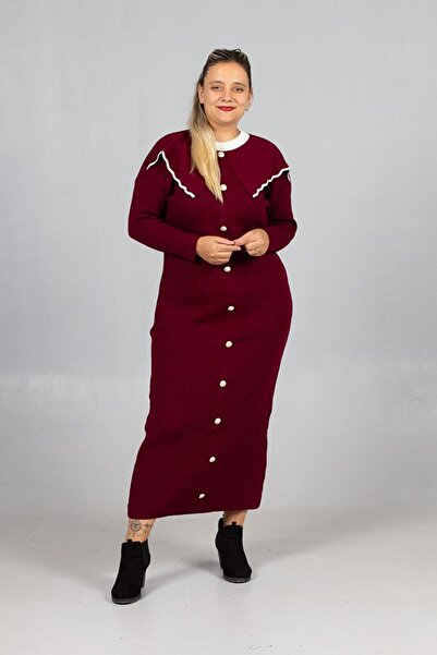 Truva XXL Baby Collar Knitwear Dress Stylish and Comfortable Plus Size Burgundy Knitwear Dress