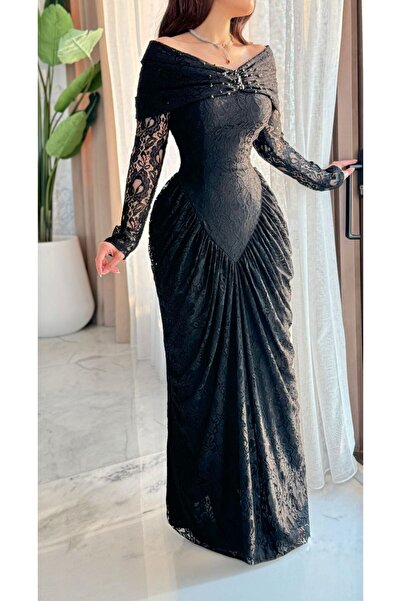Opera Fashion فستان سهرة أسود أوف شولدر بأكمام دانتيل ولمسات فاخرة