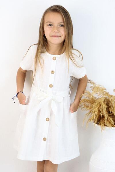Breeze Κοριτσίστικο λινό φόρεμα με κουμπιά και πλαϊνές τσέπες 6-12 ετών, εκρού