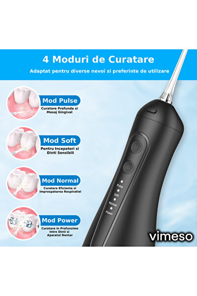 Vimeso Portable Oral Irrigator, 1600 rpm, 4 Programs, 300ml Reservoir, 4 Nozzles Included, Black