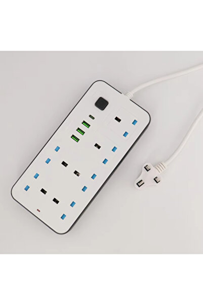 powermax وصلة طاقة 10 في 1 بقدرة 2500 وات مع 6 منافذ تيار متردد، 3 منافذ USB + 1 منفذ PD Type-C، سلك بطول 5 أمتار، أبيض