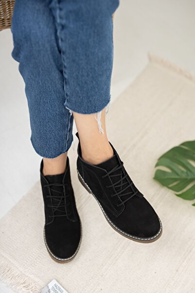 derithy Γνήσιες δερμάτινες μπότες με κορδόνια κοντή θερμοσόλα με ζεστή επένδυση -μαύρο Nubuck-erc1975