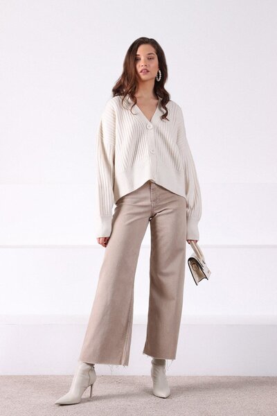 Ferraro Ecru Off-Shoulder Alpaca Wool Blend Women's Knitwear Cardigan