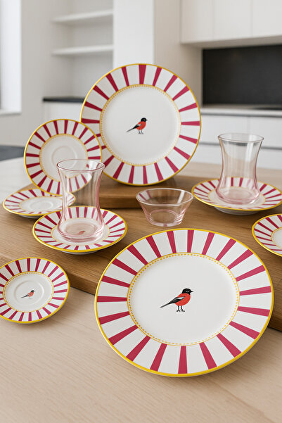 Paşabahçe Modern Kuş Figürlü 6 Parça Porselen Pasta Tatlı Tabağı-Gold Detaylı Sunum Servis Tabağı