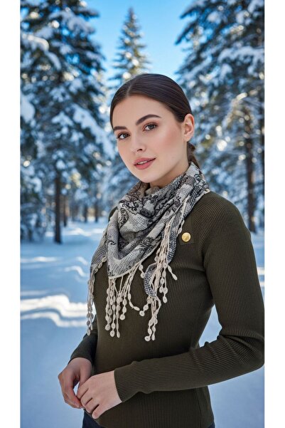 Gönülden Tasarım Çift Taraflı Desenli Püskülü Kadın Fular Şal 155X55 Cm