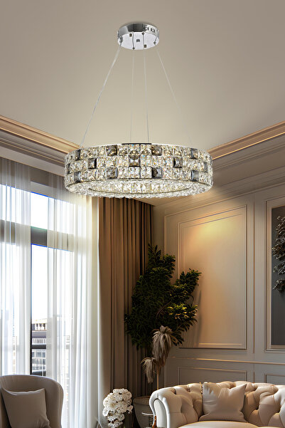 Luence Serhat Avize Arin 60cm Krom LED Kristal Avize – 3 Renk Işıklı, Modern ...