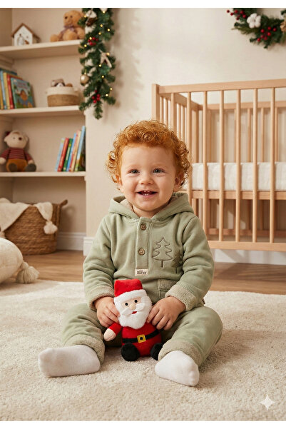 Mini Baray Baby Boy Pine Tree Embroidered Hooded Kangaroo Top and Bottom Set ...