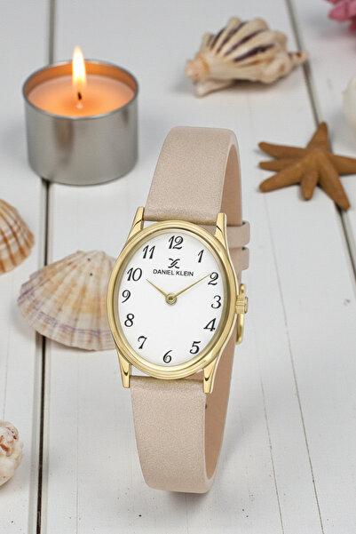 Daniel Klein Cream Leather Strap Gold Yellow Oval Case Women Wristwatch with Zircon Stone Bracelet Gift
