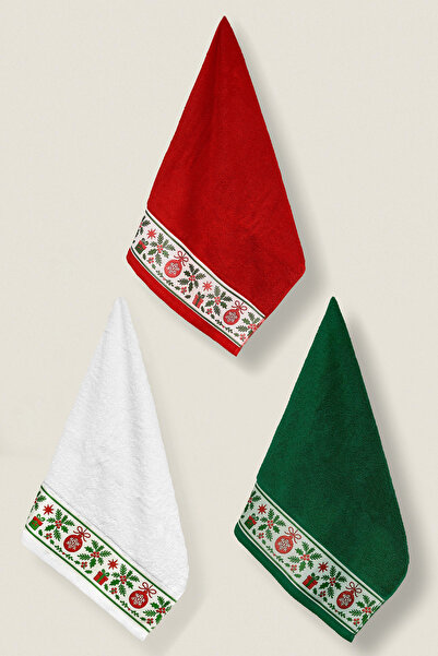 Ellaline 3-Piece Christmas Towels 100% Cotton Christmas Concept Hand and Kitchen Towels White Red Green 50X90Cm