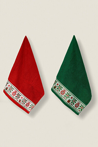 Ellaline 2-Piece Christmas Towel 100% Cotton Christmas Concept Hand, Face and Kitchen Towel Green Red 50X90Cm
