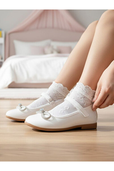 Lideral Обувки за балерини за момичета в бял цвят Stoned Bow Детски обувки за балерини Дете ортопедични бели обувки за балерини