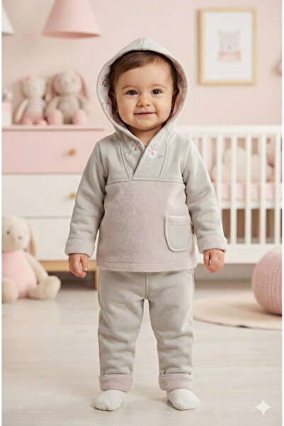 Mini Baray Baby Girl Floral Embroidered Hooded Kangaroo Model Tracksuit Set (...