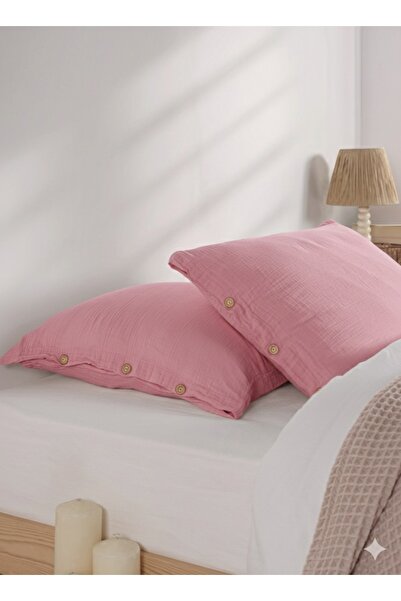 Kibele Düğmeli Müslin Yastık Kılıfı Penbe 50x70 2 Adet Özel İşlemle Yıkanmış