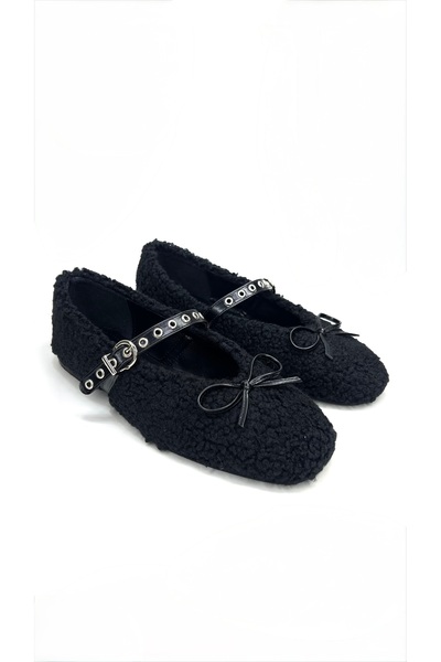 livendi Helsi̇nki̇ Women's Black Buckle Bow Plush Mary Jane Ballet Flat Shoes