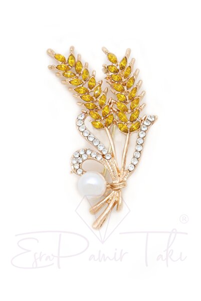 Esra Pamir Sarı Taşlı Ve Incili Başak Yaprak Broş