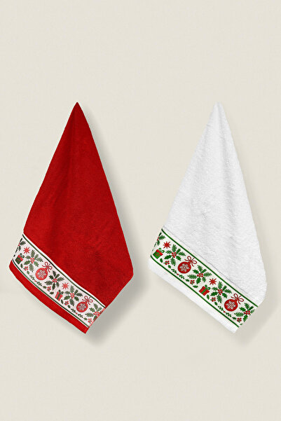 Ellaline 2-Piece Christmas Towel 100% Cotton Christmas Concept Hand, Face and Kitchen Towel White Red 50X90Cm