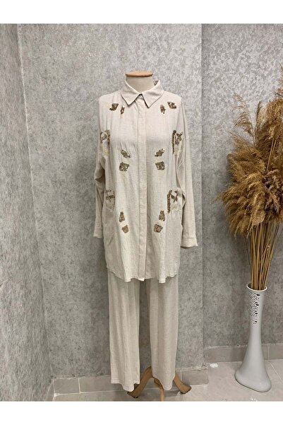 Aynaz 25Y120208 TUNİK PANTOLON TAKIM KETEN TUNİK PAYETLİ TAŞ